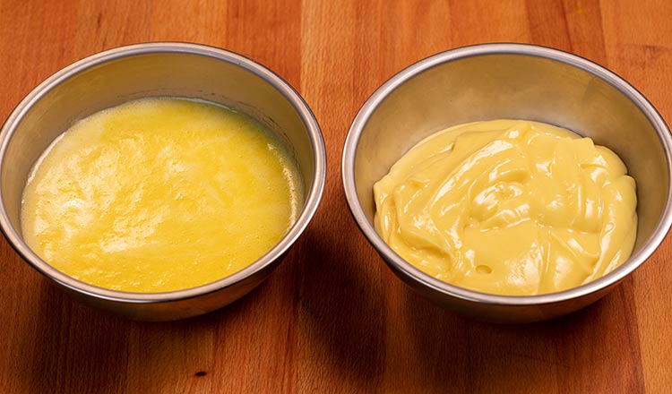 Broken and repaired mayonnaise in bowls