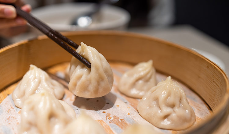 Soup dumplings in a steamer