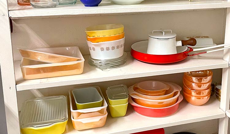 Vintage kitchenware on shelves