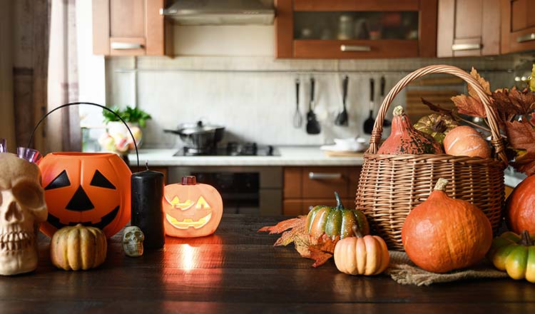 A kitchen decorated for Halloween.