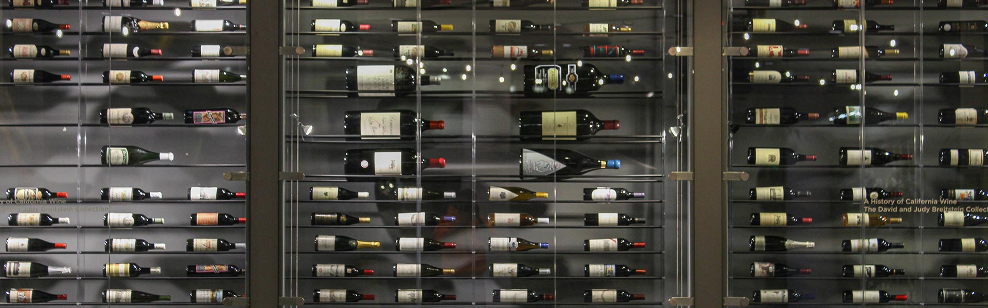 Wine bottles on display in the David and Judy Breitstein Collection at CIA at Copia in Napa, CA.