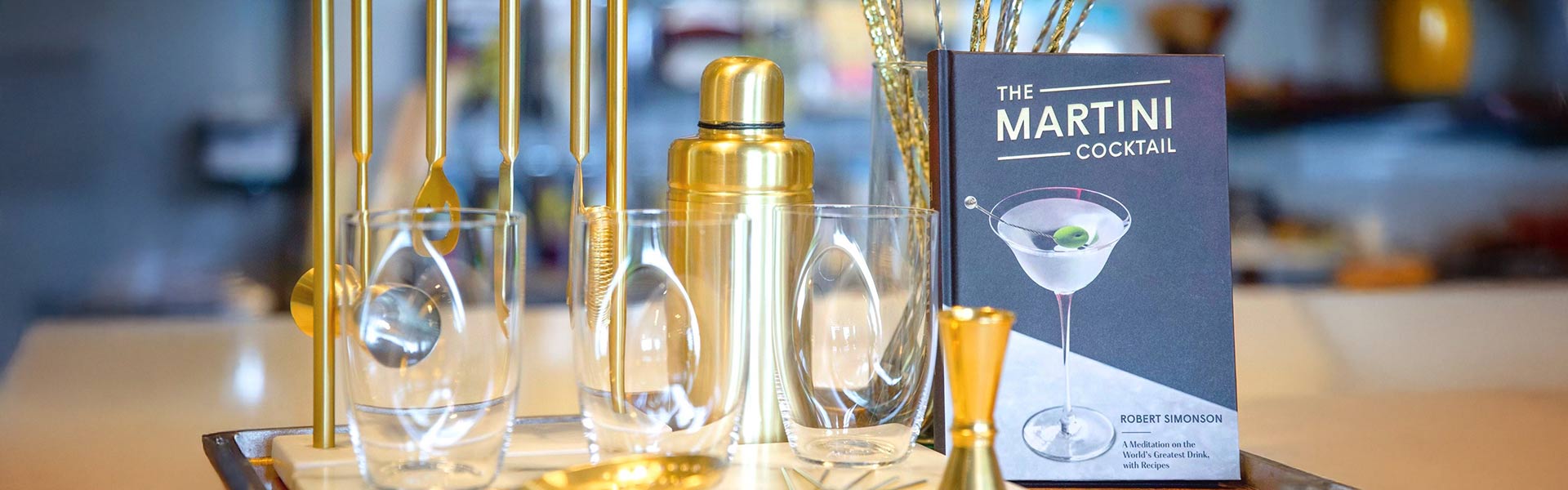 A cocktail set and book about martinis in the Marketplace at Copia in Napa, CA.