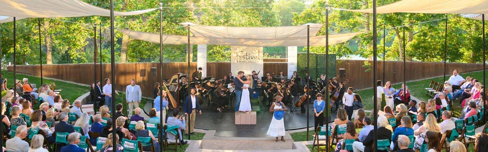 People enjoying a musical show at the Festival Napa Valley at CIA at Copia.