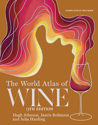 Book cover of The World Atlas of Wine with flowing red, gold, and orange shapes and a white wine glass.