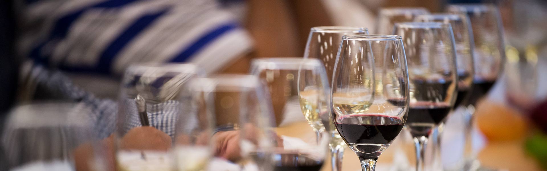 A row of wine glasses lined up with red and white wine for a CIA at Greystone wine tasting event.